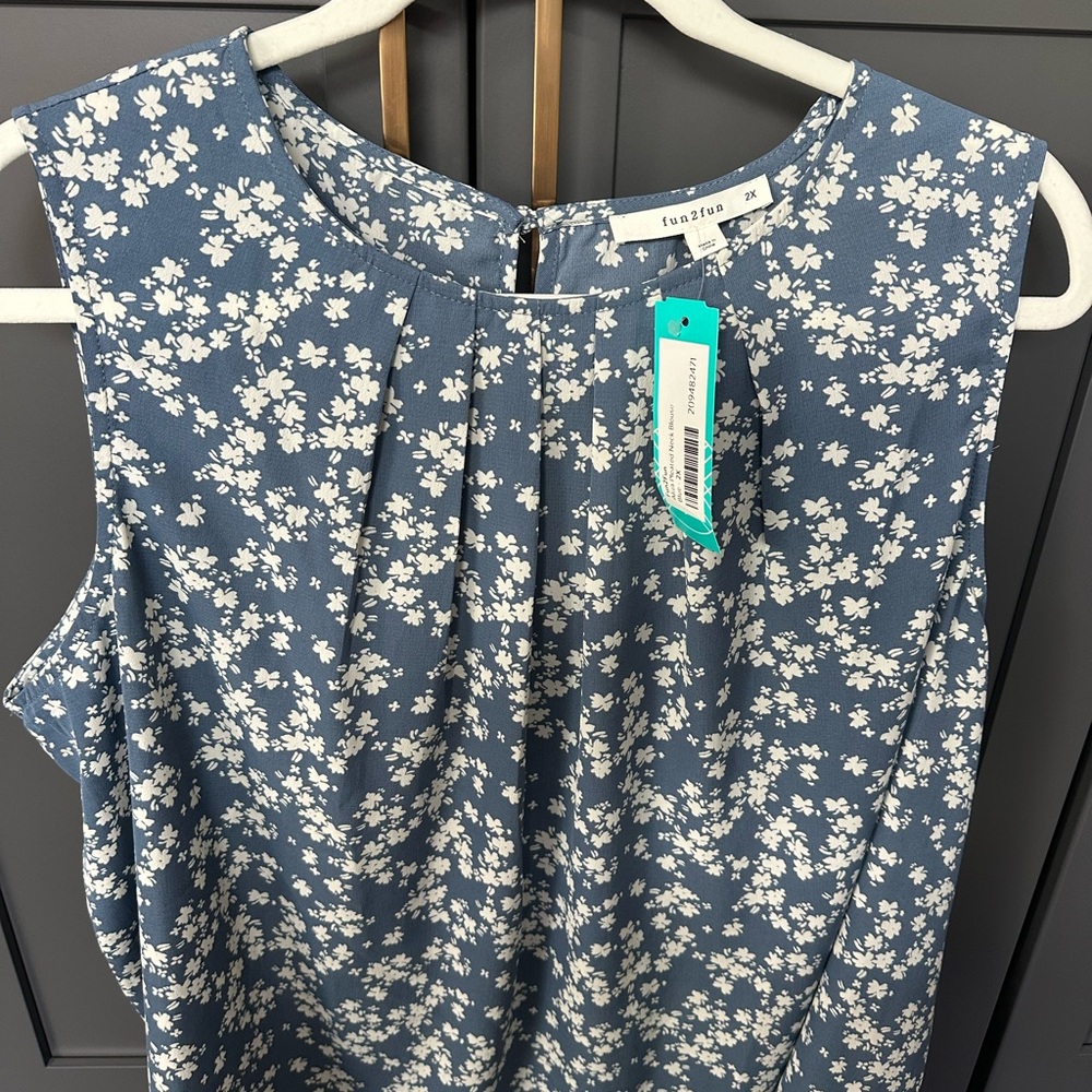Fun 2 Fun Pleated White and Blue Blouse